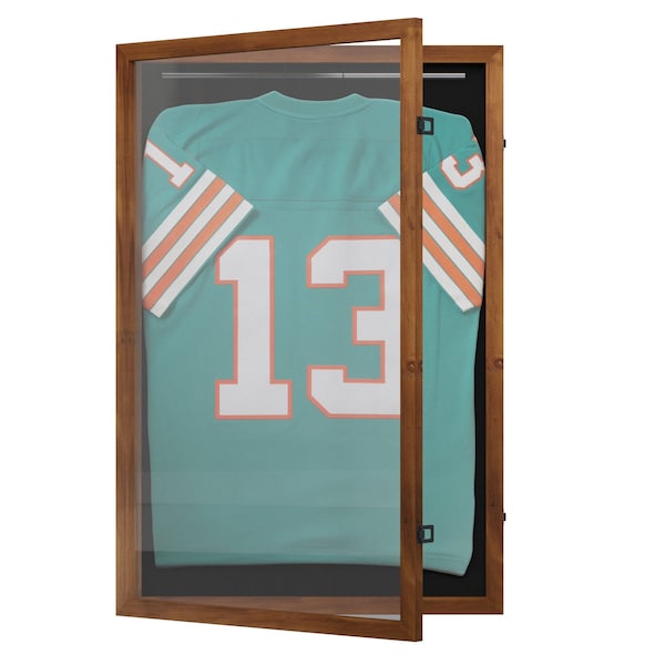 Flash Furniture Banks 24x36 Jersey Display Case with Solid Pine Wood Frame, UV Treated Acrylic Window, Velvet Backing Board, and Anti-Theft Lock in Rustic Brown HMHD-23M099YBN-RSTBRN-2436-GG - main